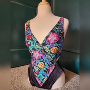 Cole of California Vtg 80s Black Multi Color Floral One Piece Swimsuit - Sz 16